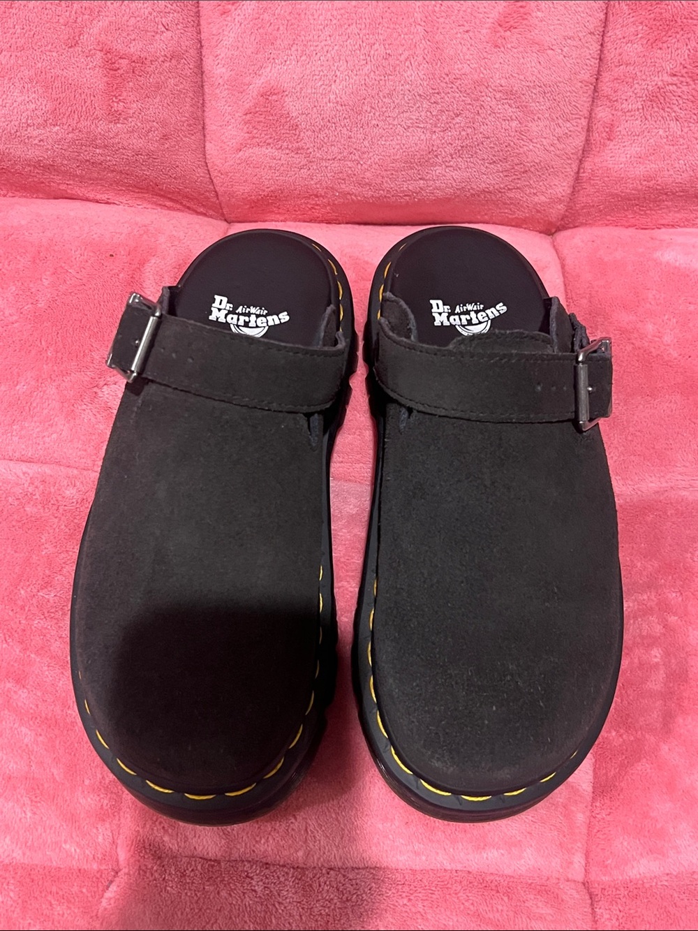 Dr. Martens ZEBZAG Black Suede Slingback Platform Mules with Yellow Stitching